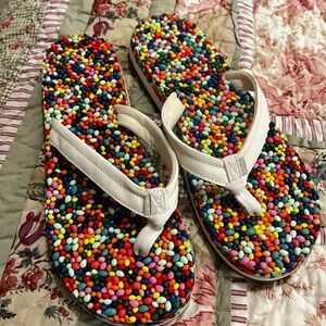 Sankuk White Strap Bubblecush Flip Flops with Multicolor Beaded Footbed